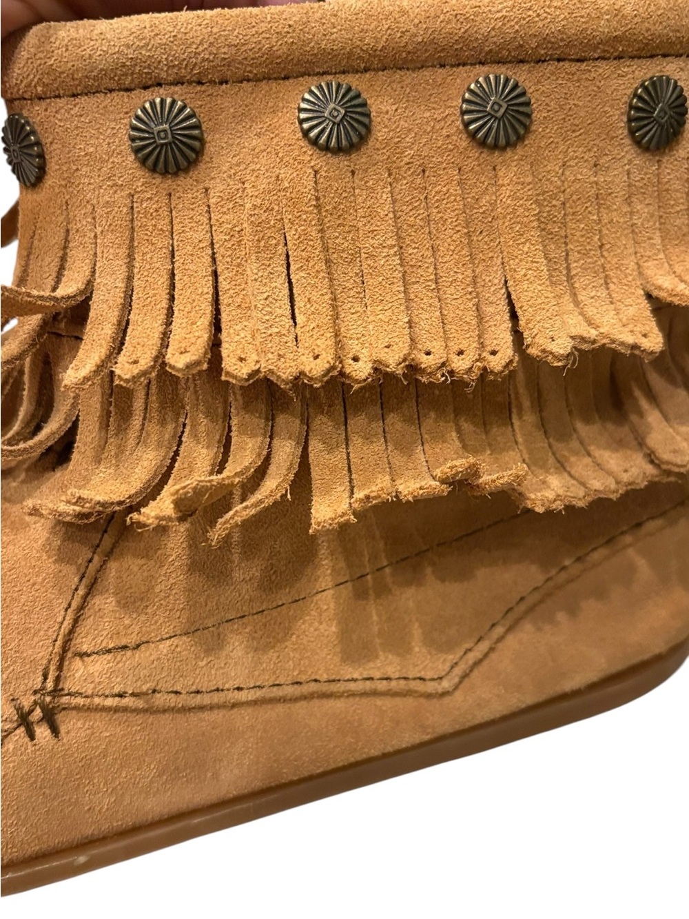 Minnetonka Tan Suede Moccasin Fringe Fall Cozy Short Boots Zip Closure sz 8.5 - Picture 7 of 15